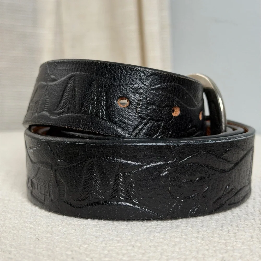 Vintage C.L.‎ Leather Belt Embossed Cabin Deer Mountain Black Tooled Men's 48